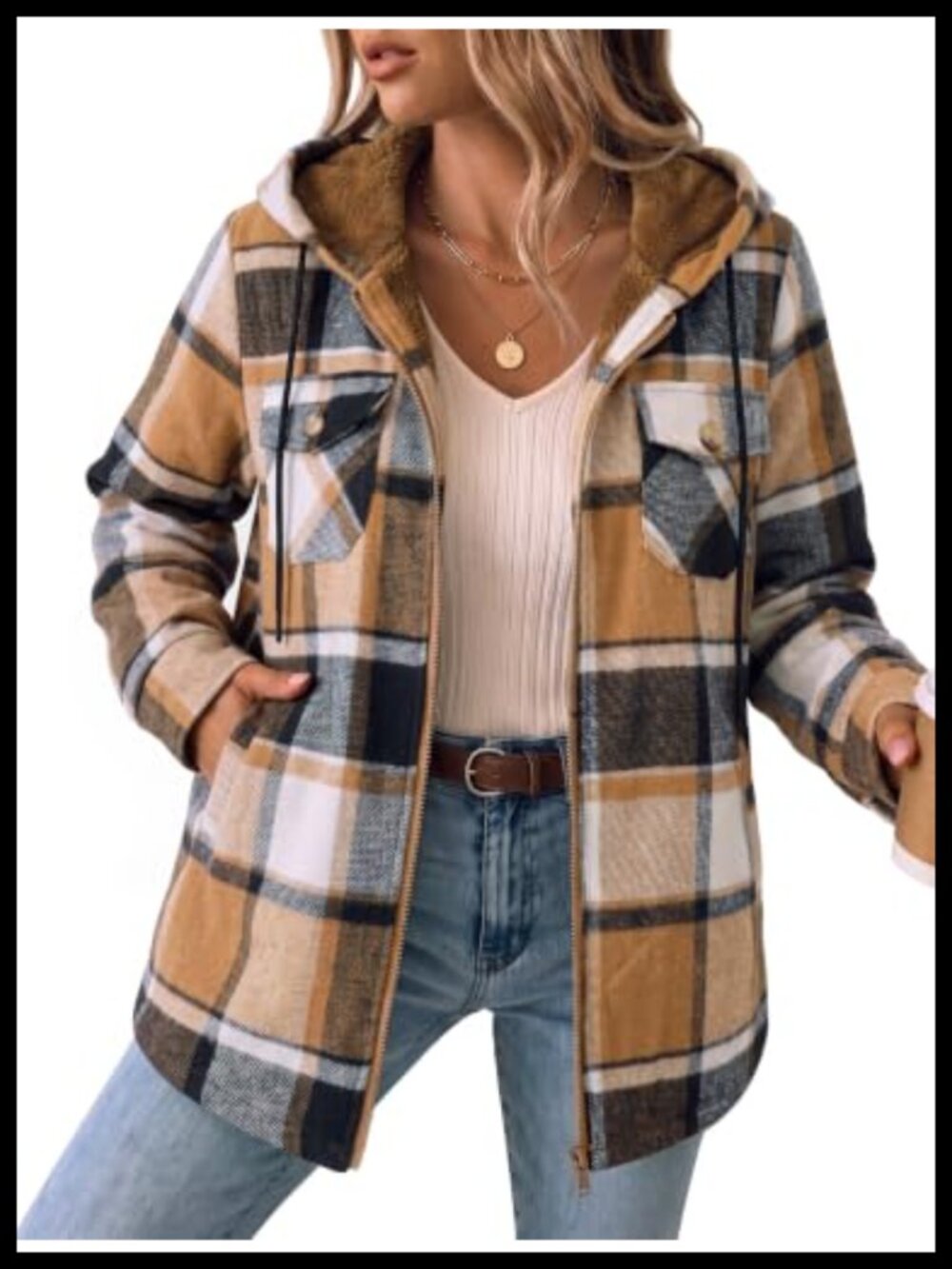 Zeagoo Womens Plaid Fleece Lined Shacket Hooded Flannel Jacket